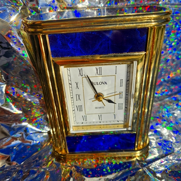 Bulova Other - BULOVA Quartz  Clock Blue Gold Mantel  Shelf Clock Brass RARE Vintage Alarm